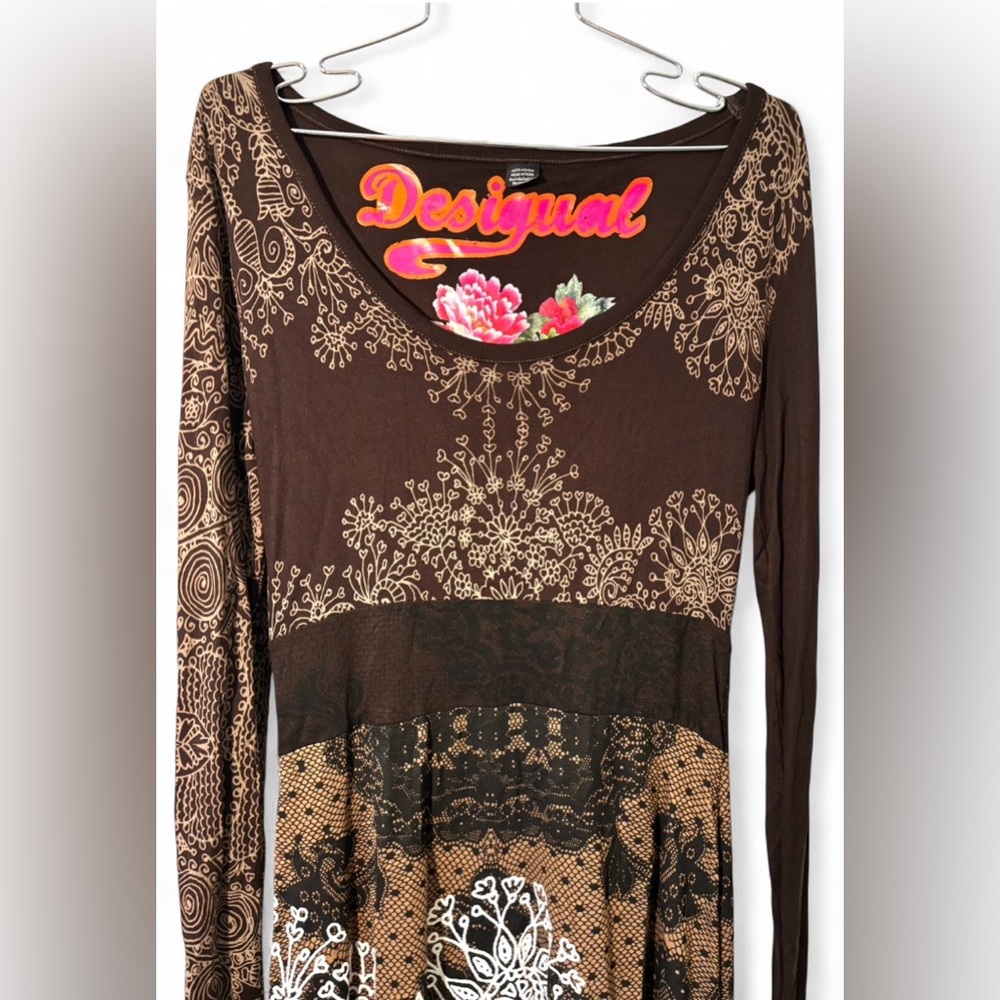 Desigual Guero Brown Long Sleeve Dress w/ Patterns Y2K Style - Picture 3 of 9